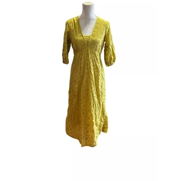 Babydoll Y2K Embroidered Maxi Yellow Dress Puff Sleeves Fairy Cottagecore Sz M - Picture 11 of 14